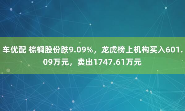 车优配 棕榈股份跌9.09%，龙虎榜上机构买入601.09万元，卖出1747.61万元